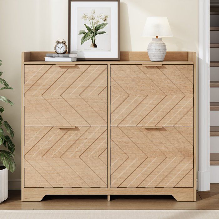 Armoire à chaussures 4 Abattants Meuble à Chaussures en Bois Grande Capacité Plateau Supérieur pour Couloir Entrée 105x24x90 cm