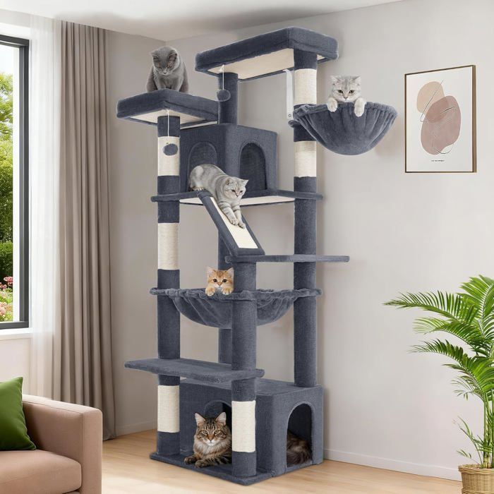 Arbre à Chat XL 183 cm Haut 2 Plateformes 2 Niches 6 Griffoir Un Panier pour Chat Un HamacGris Foncé