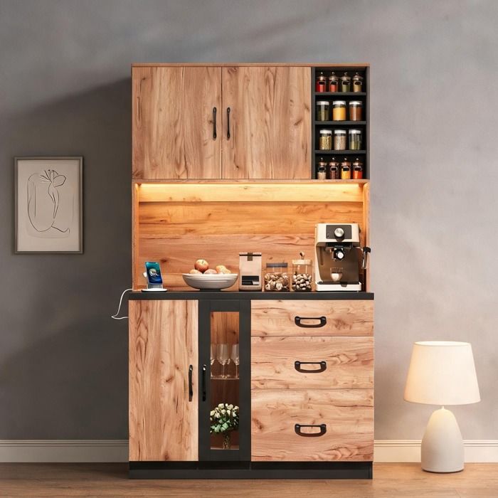 Buffet haut 105 × 40 × 180 cm - MDF mélaminé noir et bois - 3 tiroirs - 2 niches - LED réglable - Prise EU
