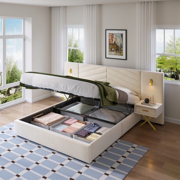 Cadre De Lit Double Velours 266x205x117cm Inclinable 2 Chevets Lampes LED Couleur Beige-blanc Montage Facile Sans Matelas Cadre De Lit Double Velours 266x205x117cm Inclinable 2 Chevets Lampes LED Couleur Beige-blanc Montage Facile Sans Matelas