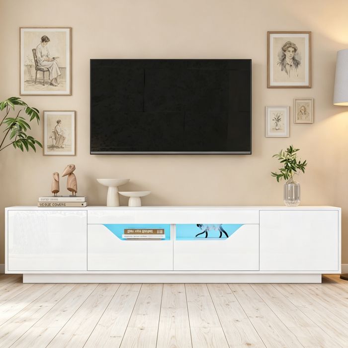 Meuble TV led blanc 180 cm - 2tiroirs 2 portes - Meuble de salon moderne - meuble télévision avec rangement