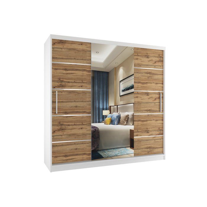 BELINI Grande Armoire 3 Portes Coulissantes VERONA MT 200 cm - Blanc / Brun Doré - Miroir Intégré & 4 Tiroirs - Chambre Adulte