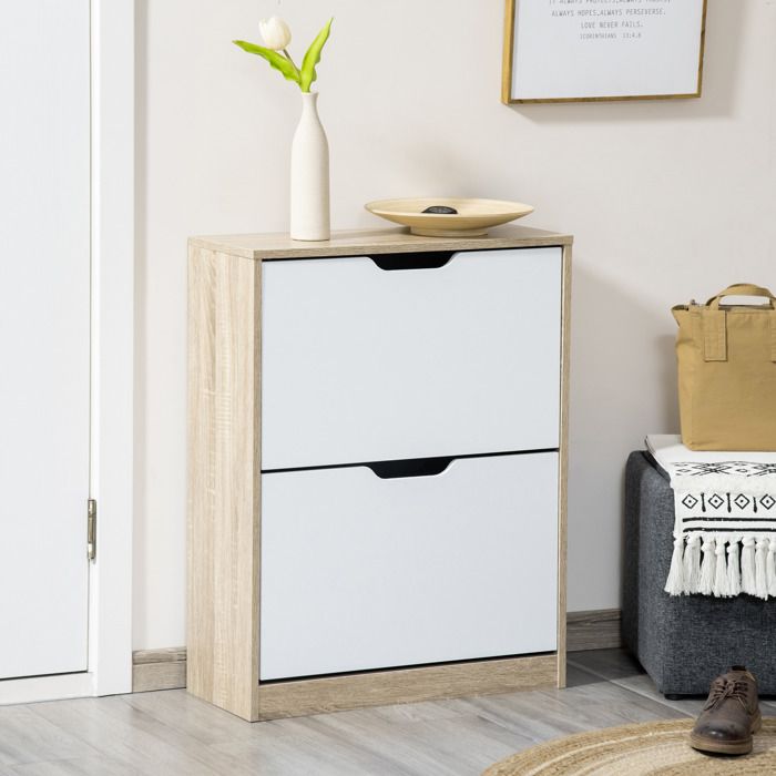 Meuble à chaussures slim 2 abattants pour 8 paires 62 5 x 26 x 81 cm bois et blanc