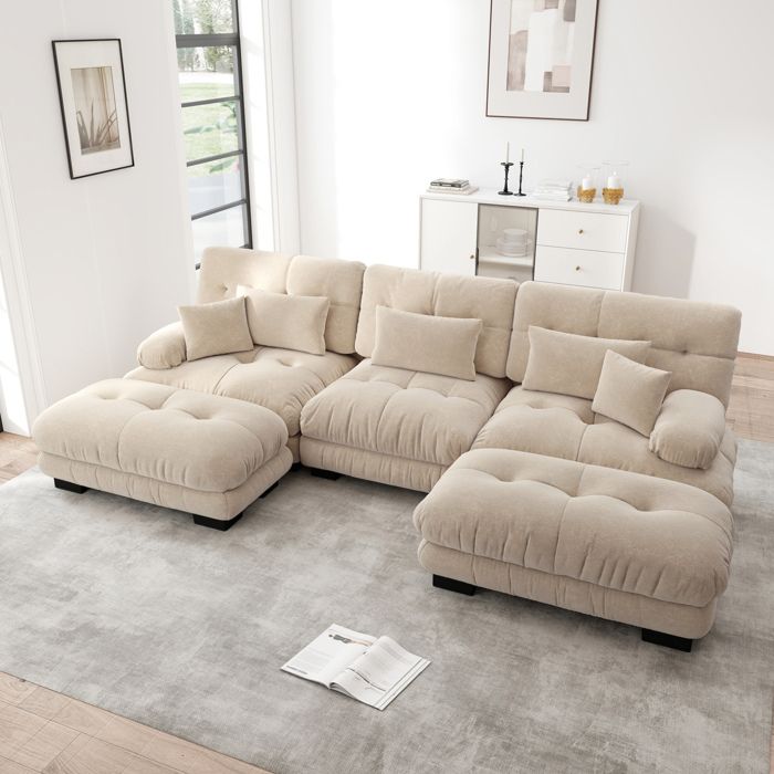 Canapé panoramique en U modulable convertible assise profonde - ELVMI - ottomans mobiles chenille vintage beige clair