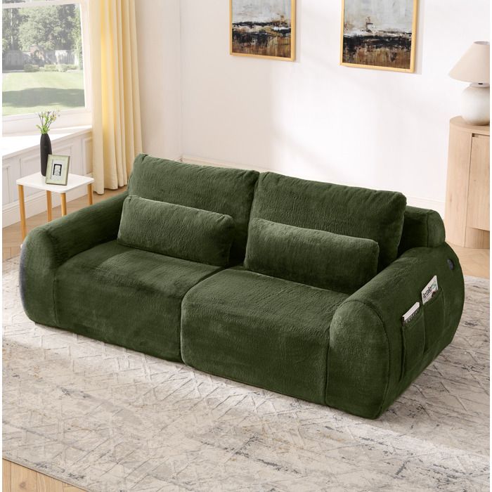 Canapé 2 Places Vert En Mousse Banquette Compacte FloraGrace Pour Petit Salon Et Chambre Ports USB Intégrés 208x101x81cm