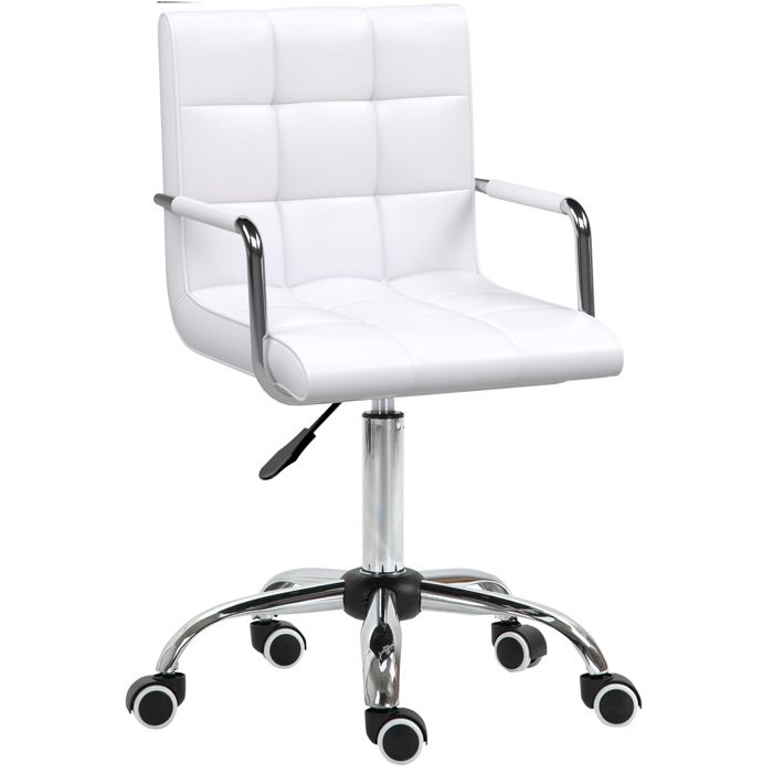 Chaise de bureau pivotante réglable en hauteur 84-99 cm en simili cuir blanc avec accoudoirs et roulettes