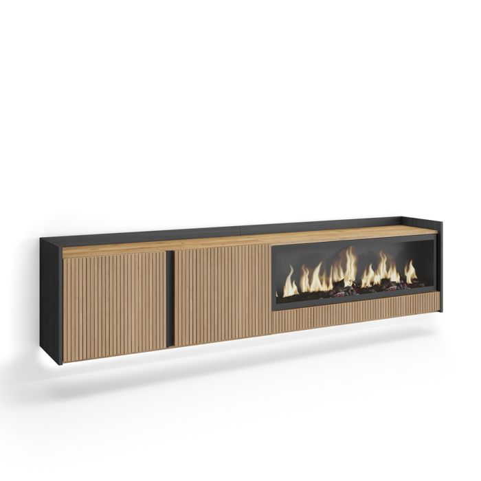 Meuble TV 212x50cmx35cm Cheminée électrique XXL à droite Suspendu Mural ilumination Led inférieure Chêne et noir RF4974 Meuble TV 212x50cmx35cm Cheminée électrique XXL à droite Suspendu Mural ilumination Led inférieure Chêne et noir RF4974
