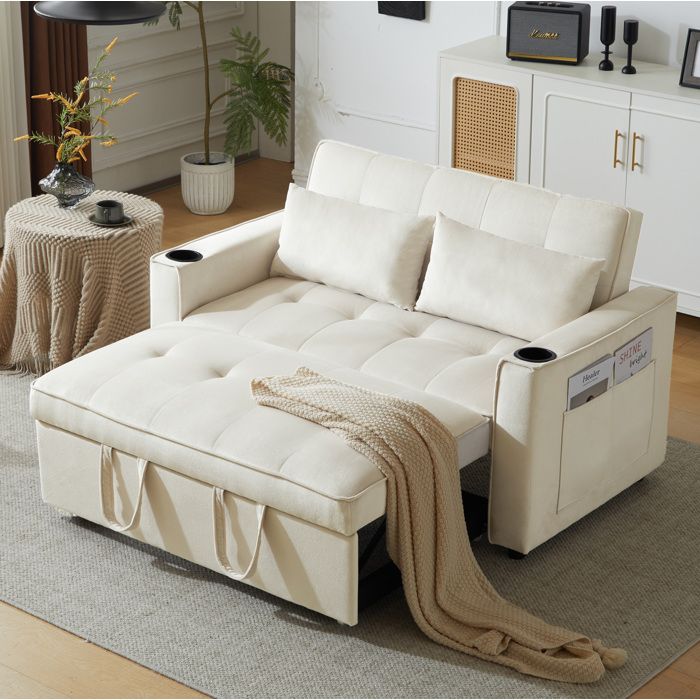 VUENOR canapé-lit 2 places beige en velours avec dossier réglable et porte-gobelets