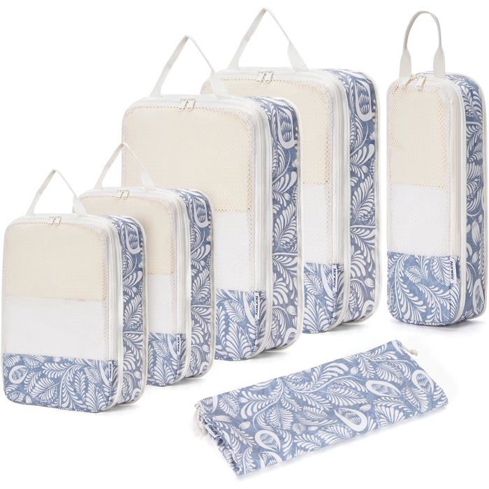 Sac compression voyage packing cubes compressibles organiseur valise cube rangement bagage (Feuille bleue)