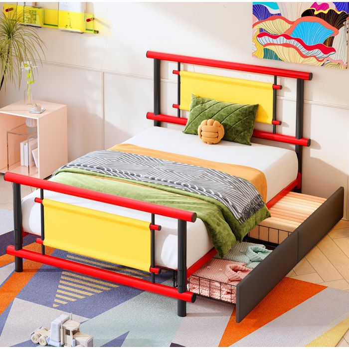 Lit enfant 1 place 90×200 cm lit plateforme tiroirs acier et couleurs vives - MIVRAY - sans matelas métal rouge