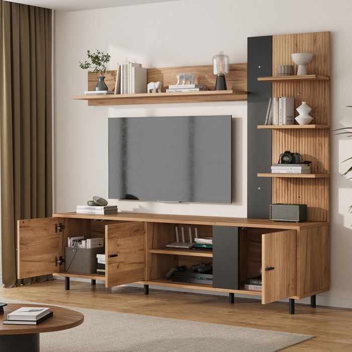 VUENOR Ensemble meuble TV mural 187 5 x 40 x 167 cm bois et noir – 3 placards étagères ouvertes