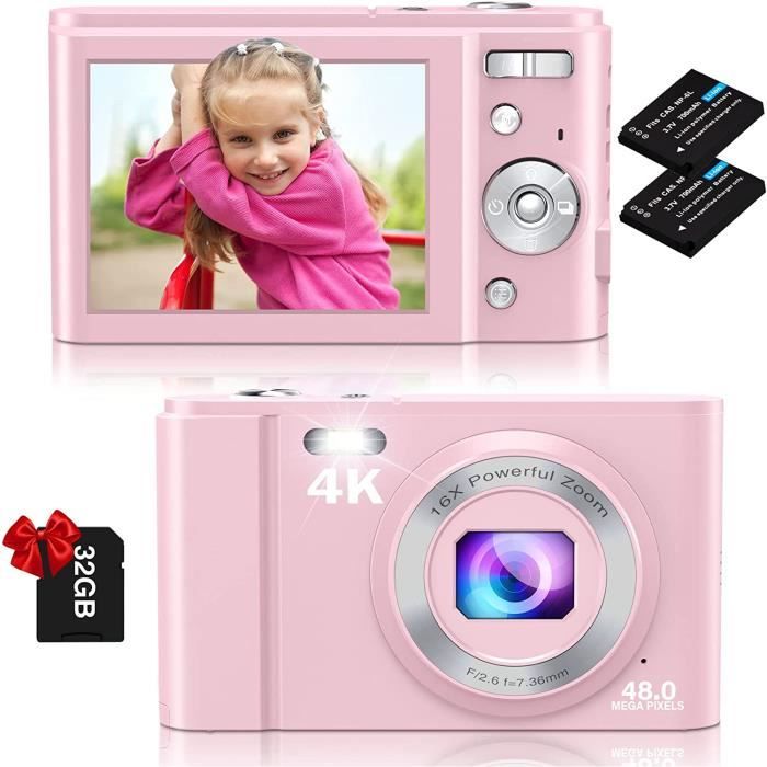 Rose-Appareil photo numérique 4K pour enfants, FHD, appareil photo  numérique 48MP, carte 32 Go, n'aime numér