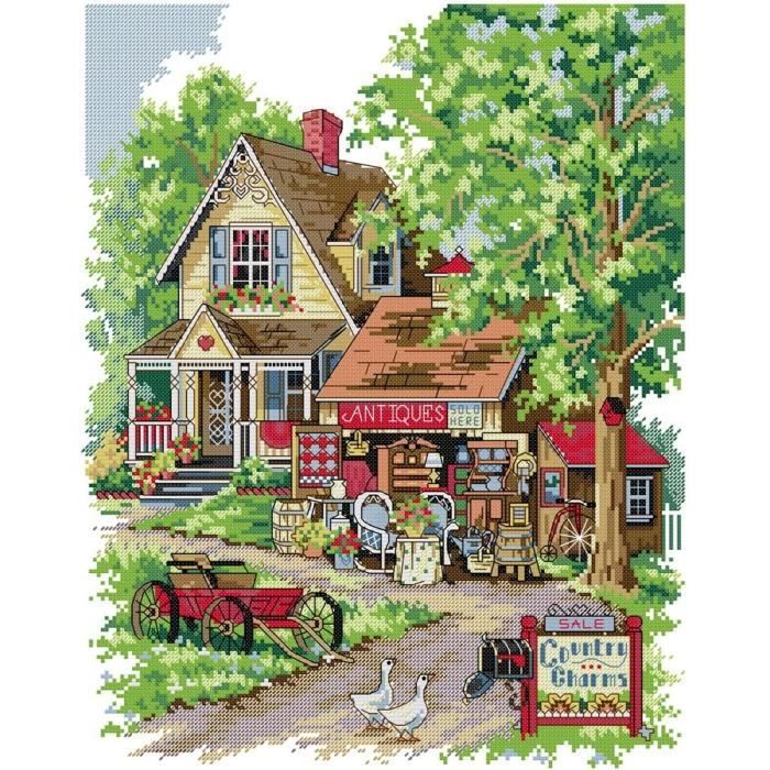 Point De Croix Kit Complet Estampé, Campagne Charmanteestampillé 14Ct 2 Brins 36×44Cm Broderie