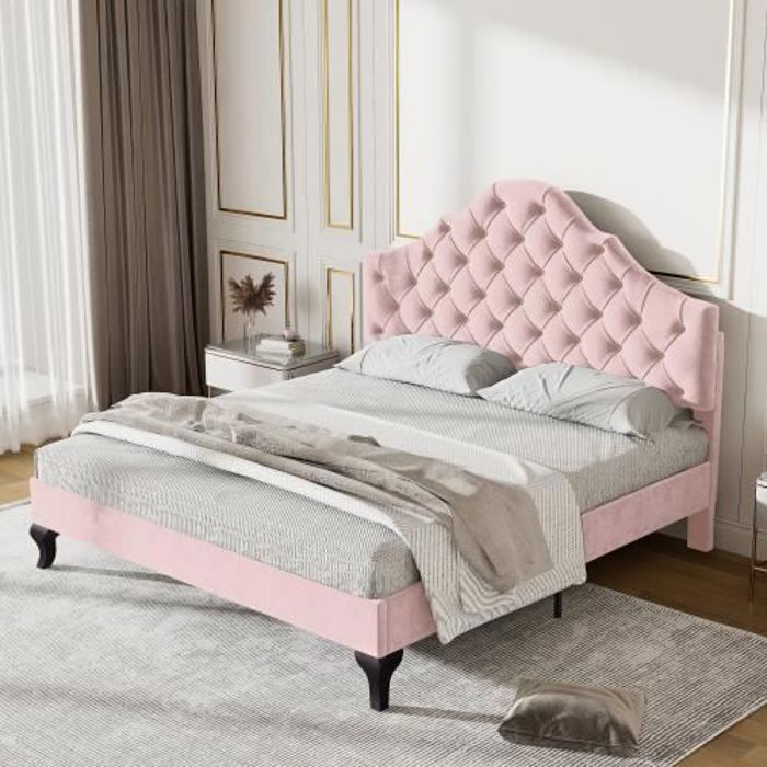 lit capitonné 140*200 cm avec sommier à lattes en bois et tête de lit réglable en hauteur, velours, rose
