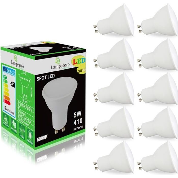 Pack de 10 Ampoules Led GU10 5W eq. 50W Halog&egrave;ne Blanc Froid 120&deg;
