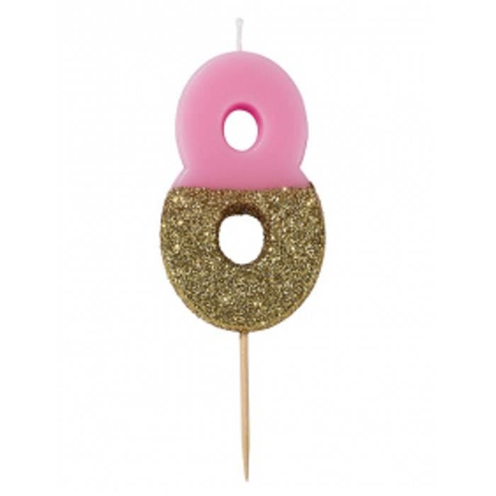 Bougie sur pique chiffre 8 rose et dorée pailletée 13,8 cm