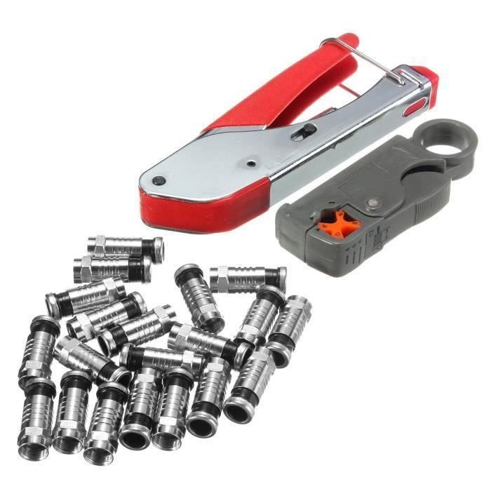 Kit De Sertissage Câble Coaxial RG59/RG6 - Pince à Sertir + Dénudeur + 20 Connecteurs F - Pour TV, Satellite, Vidéo