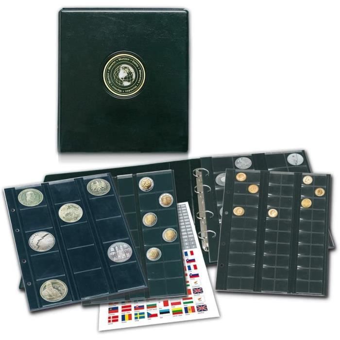 Album De Collection De Pièces De Monnaie Universel Safe - 4 Feuilles Pour 134 Pièces - Diamètres 17 à 44 Mm - Couverture Cuir Noir