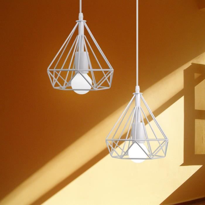 U-do Lot de 2 Pendantif Luminaire Moderne en Cage Diamant Lustre Suspesnion Vintage Industriel en Métal Blanc