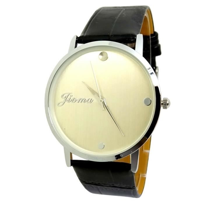 Montre Mixte Homme Femme Argent Noir Plat Fine cuir Classique Original