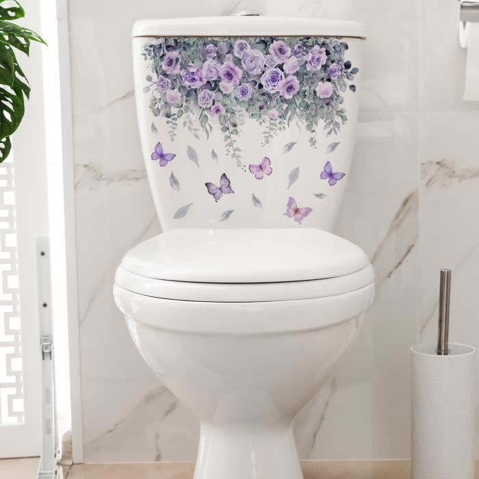 Violet Rose fleur autocollant Mural salle de bain toilette décoration à la maison décalcomanie embellissement auto-adhésif Mur