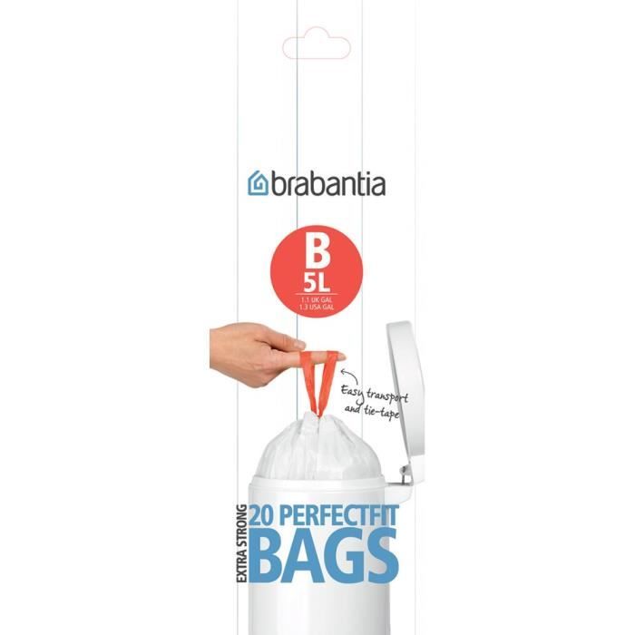 BRABANTIA Sacs poubelle plastique - 5 L - Blanc - Rouleau de 20