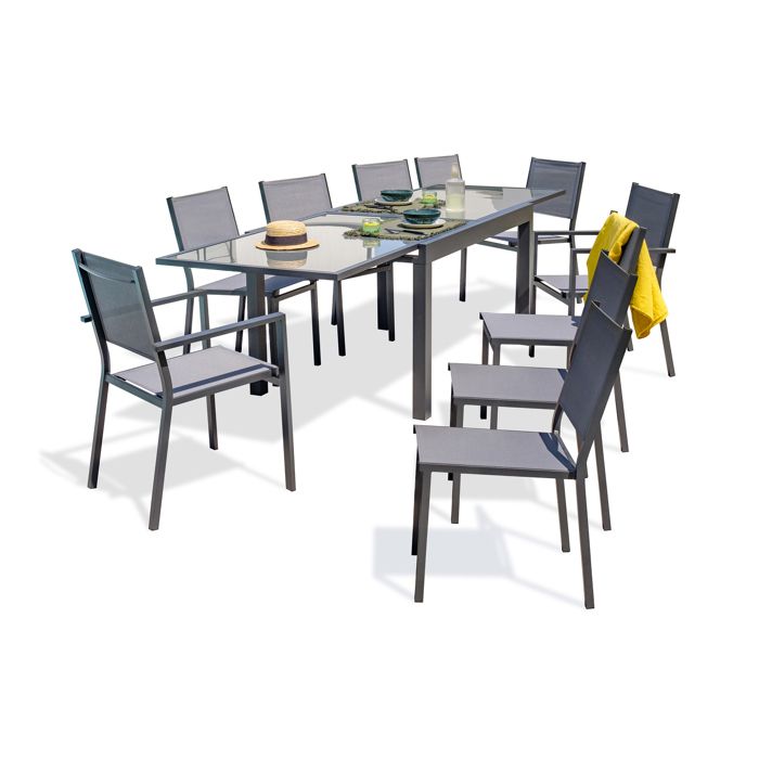 Ensemble repas 10 places en aluminium et plateau verre (8 chaises/2 fauteuils) - Gris anthracite - TOLEDE Ensemble repas 10 places en aluminium et plateau verre (8 chaises/2 fauteuils) - Gris anthracite - TOLEDE