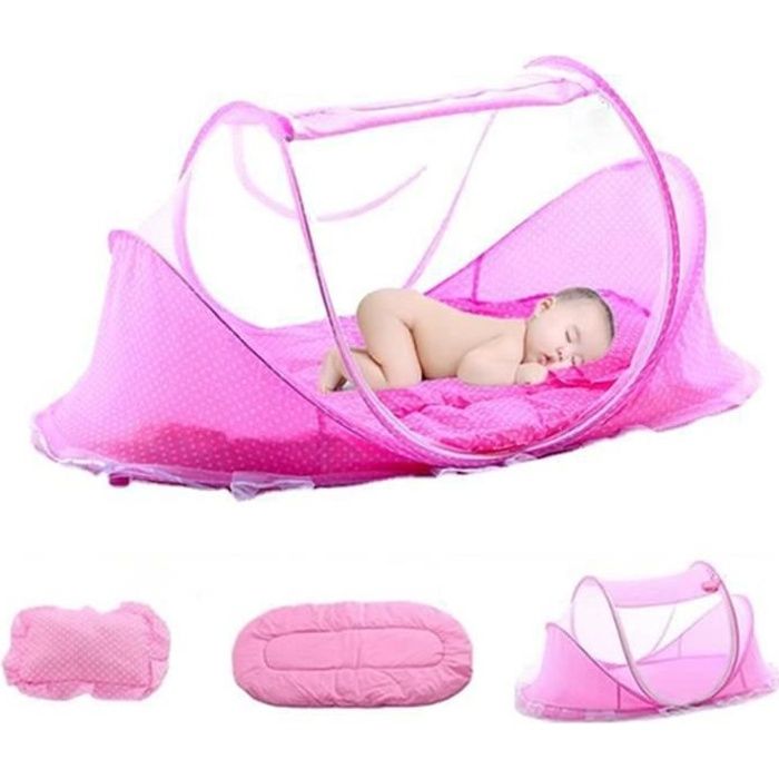 Moustiquaire pour Lit de Bébé Berceau Bébés Portable Tente Pliable (Rose avec Matelas+Oreiller)