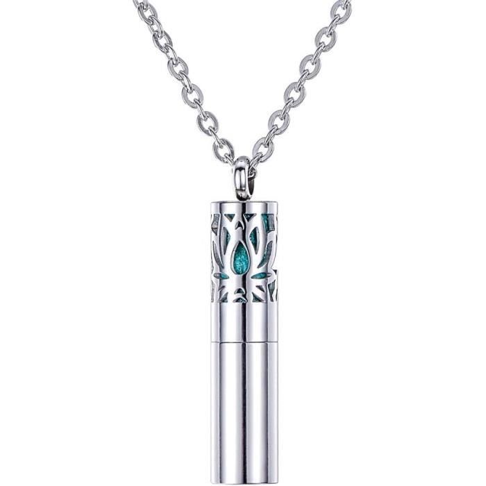 Pendentif Collier Homme Verre Cylindre Aromathérapie – Acier Titane – Style Géométrique Tendance – Parfum & Crémation