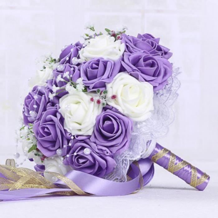 Bouquets de mariage Violet + blanc fait à la main fleur de mariée cadeaux de  fête de mariage accessoires de mariage fleurs poires pe - Cdiscount Maison