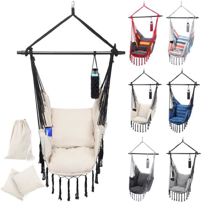 miadomodo® chaise hamac - max 150kg, coussins, en beige - fauteuil suspendu, balançoire, jardin, balcon, intérieur/extérieur