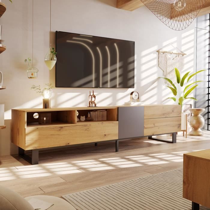 Meuble TV - MODERNLUXE - Banc à grain de bois - 180x38x50 cm - Industriel - Marron