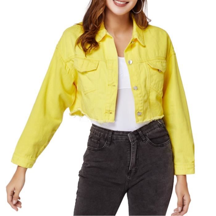 veste en jean courte femme denim cropped veste manches longues - jaune