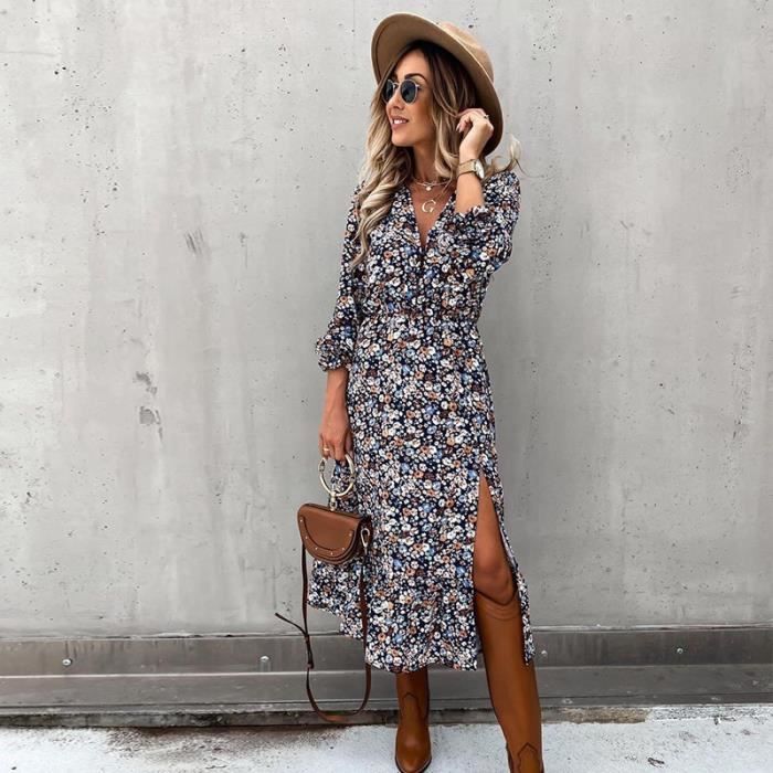 Robe Automne col en V longue robe imprimee florale pour les femmes 2021 decontracte a manches longues robe fendue Type Black Blanc Cdiscount Pret a Porter