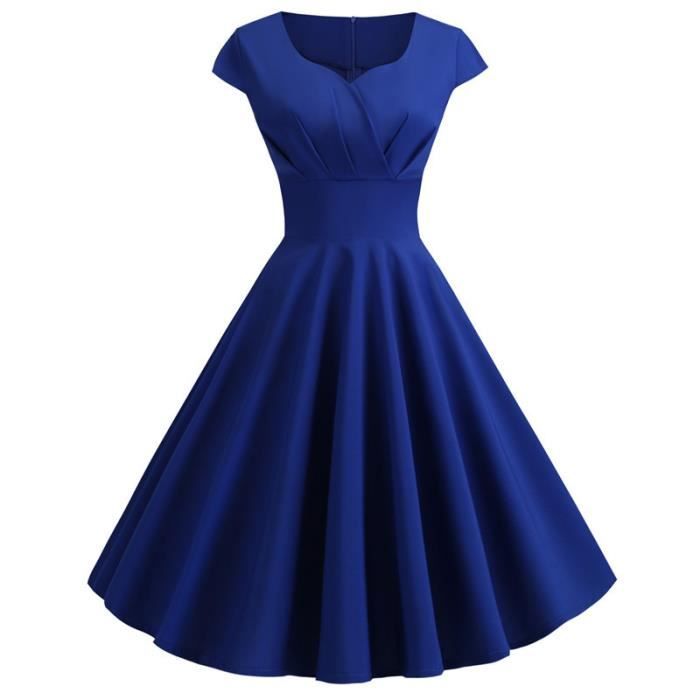 Robe Femme Retro Bleu Robe plissee au Genou col carre Bleu Cdiscount Pret a Porter