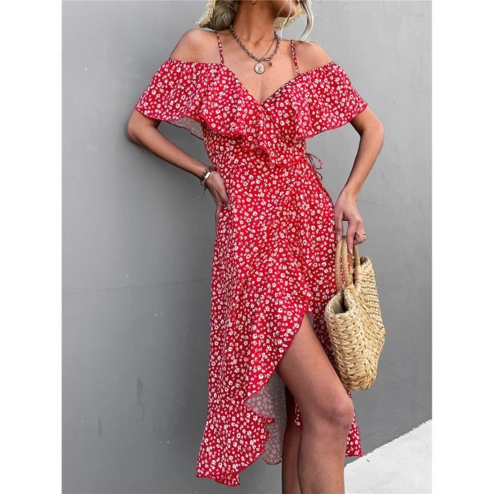 Robe longue asymetrique a fleurs pour femmes modele d ete epaule denudee elegante bretelles Rouge Rouge Cdiscount Pret a Porter