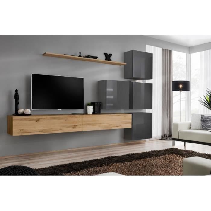 meuble tv mural - price factory - switch ix - 6 portes - chêne wotan et gris - brillant
