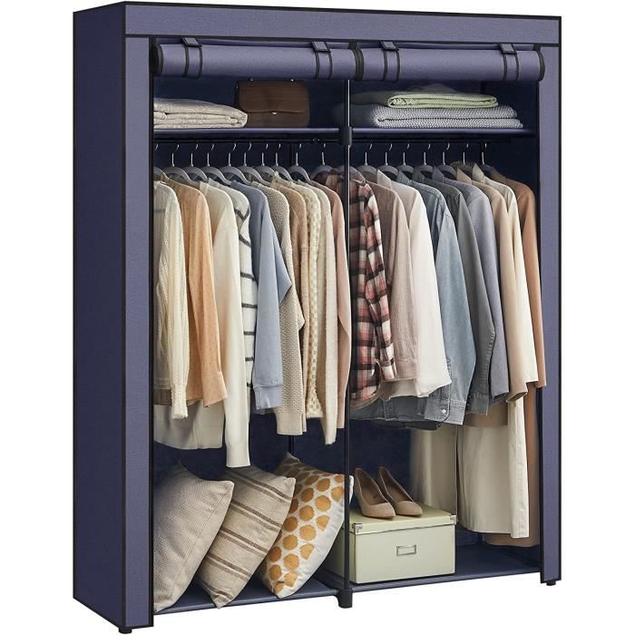 Armoire Chambre SONGMICS - Penderie avec 2 Tringles - Housse en Tissu - Bleu Foncé RYG002I02