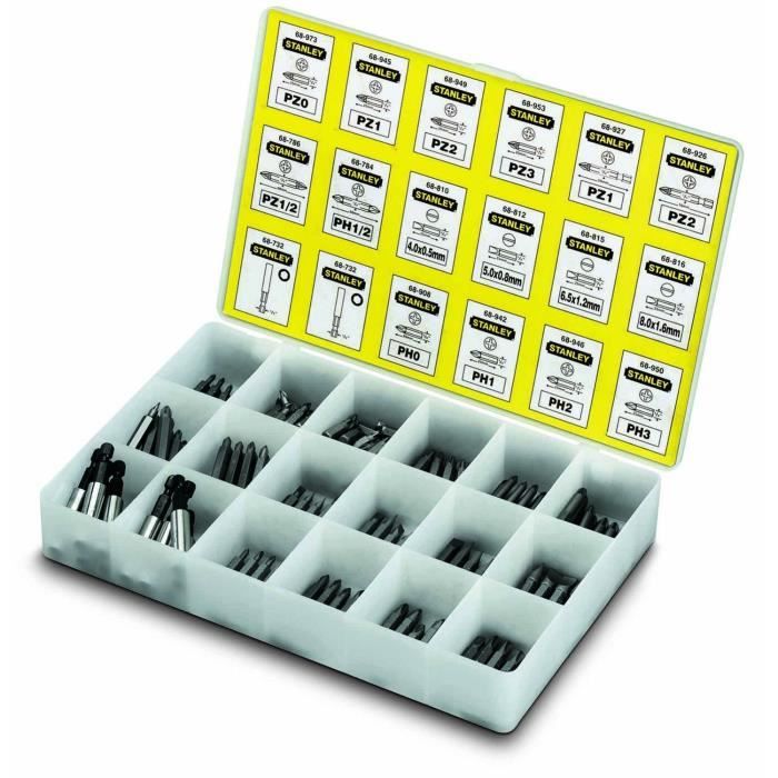 Coffret 190 embouts de vissage Stanley Boîte à compartiments 10 porte embouts