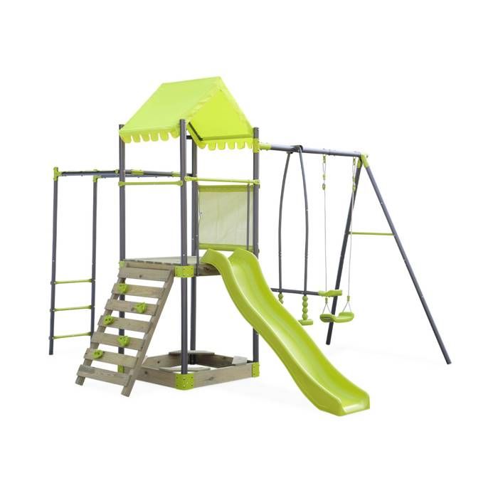 Aire de jeux pour enfants verte acier et bois - SWEEEK - GALERNE - Toboggan - Bac à sable - Mur d'escalade