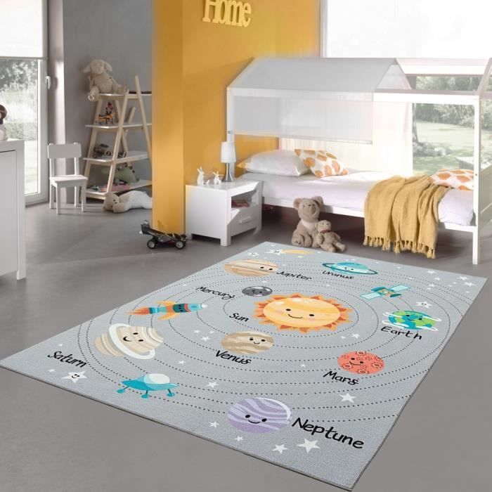 Tapis Enfant Espace étoiles Planètes - 120 Cm Rond, Gris Pastel, Hypoallergénique, Oeko-Tex, Adapté Chauffage Au Sol - 6