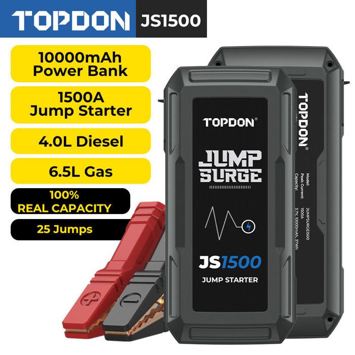 TOPDON JS1500 Booster de Batterie au Lithium Démarreur de Voiture 1500A/12V Jusqu’à 6.5L Essence ou 4L Diesel