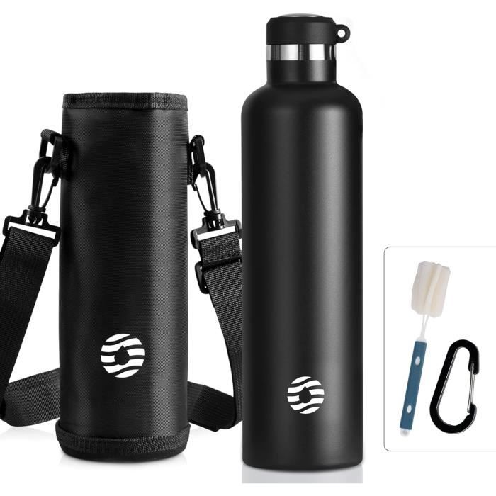 Gourde Isotherme 1L – Inox 18/8 – Double Paroi – 24h Froid / 12h Chaud – 2 Bouchons, 2 Pailles – Sans BPA – Pour Sport, Rando, école