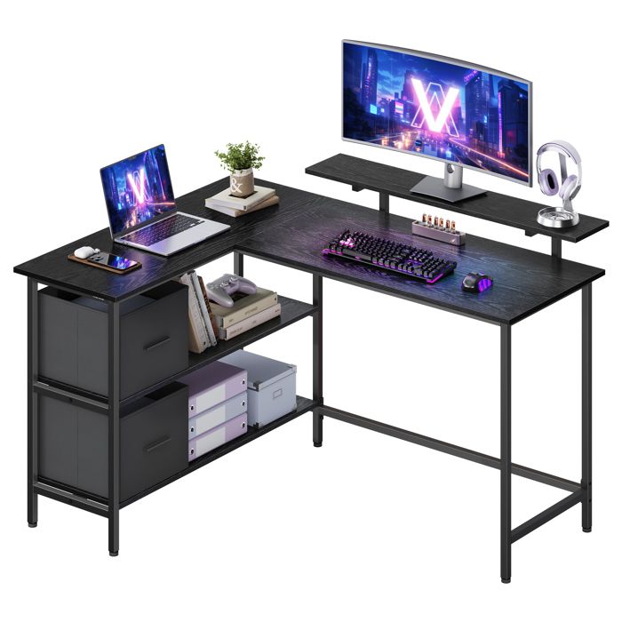 Bureau Forme en L avec 2 Tiroirs Spacieux et Support pour Écran Étagère Réglable Longueur 135 cm pour Bureau Noir Boisé