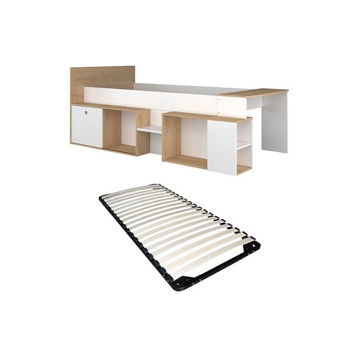 Lit combiné 90 x 200 cm avec bureau et rangements - Blanc et naturel + Sommier - PALOMA Lit combiné 90 x 200 cm avec bureau et rangements - Blanc et naturel + Sommier - PALOMA
