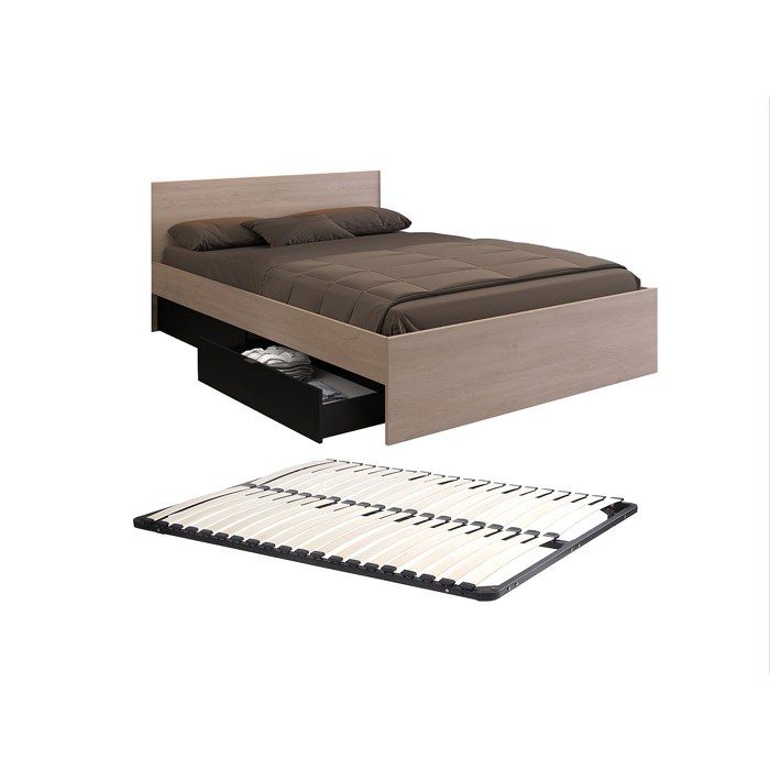 Lit avec 2 tiroirs 140 x 190 cm - Coloris : Naturel et noir + sommier - VELONA