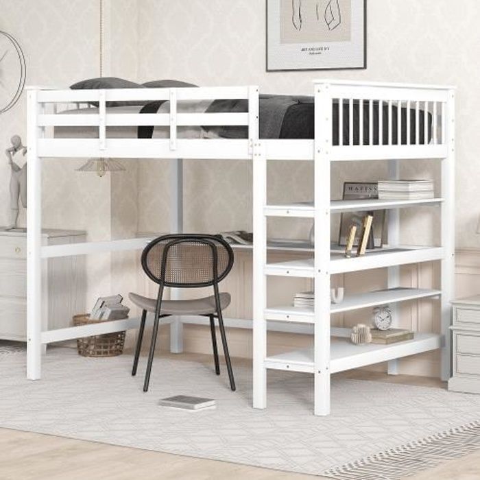 lit mezzanine enfant avec rangements et bureau sous lit - weeyin - blanc antique - 140x200cm - bois de pin + mdf