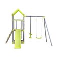 Aire de jeux pour enfants verte acier et bois. toboggan. bac à sable. mur d'escalade. trébuchet. plateforme cabane GALERNE-1