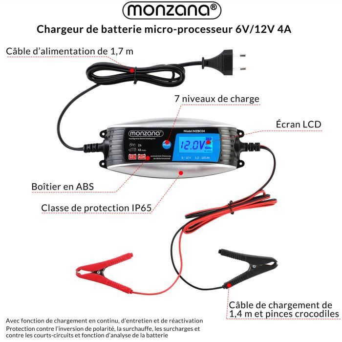 Chargeur de batterie intelligent 4A 230V 6/12V Voiture Moto Microprocesseur  Ecran LCD Maintient de charge Stanley