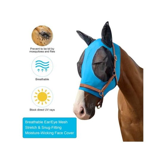 Masque Anti-Mouches Pour Cheval Avec Oreilles - Protection UV, Tissu Respirant, Filet Léger - Noir